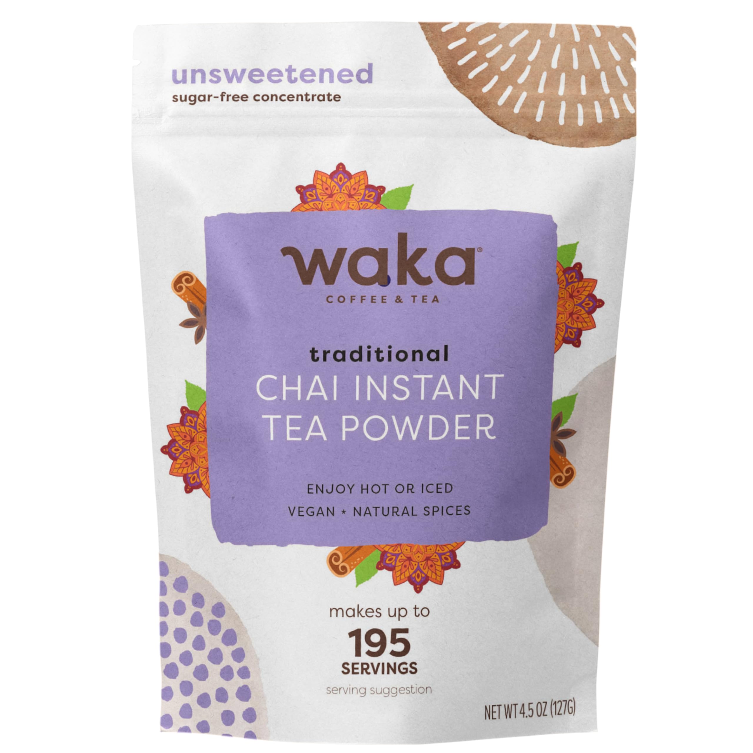 Waka Traditional Chai Tea Powder Mix - Sugar Free, Pure Leaves from India, Unsweetened (|5oz Pouch, 195 Servings)  
Waka